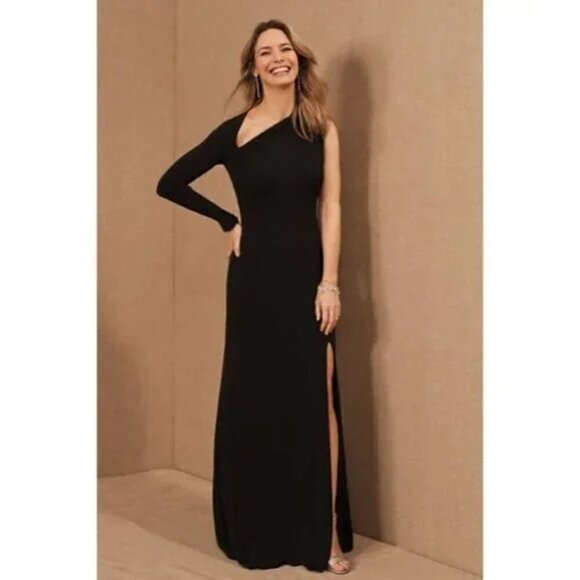 BETSY & ADAM Asymmetric Single Long Sleeve Gown in Black Size US 8 - Picture 5 of 15